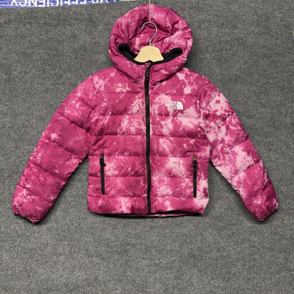 The North Face Reversible Hooded Puffer Jacket Girls 7/8 Pink Tie Dye 600 Down